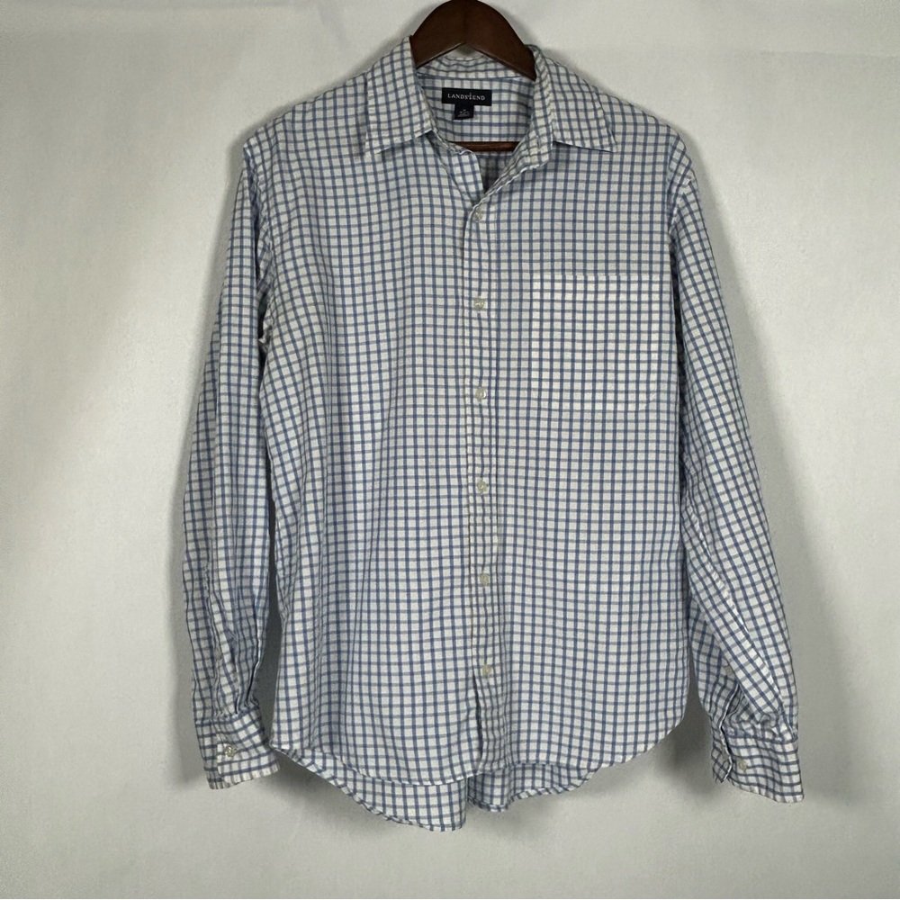 Lands' End Men's White and Blue Gingham Checked Shirt Size M 15-15.5